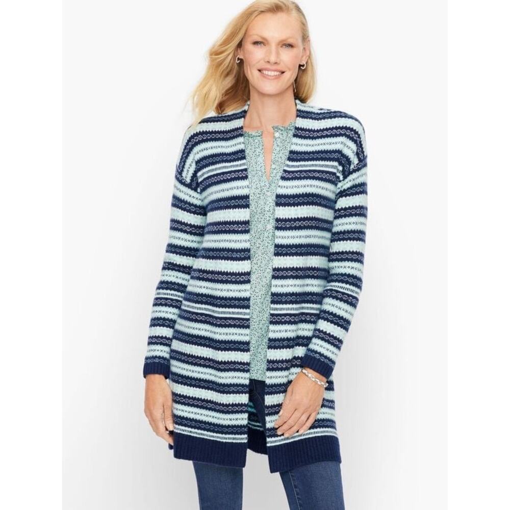 Talbots Fair Isle Open Front Long Cardigan Women’s XLP Blue‎ Nordic Winter Cozy